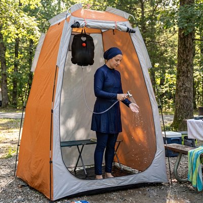 Femme musulmane utilise tente de douche