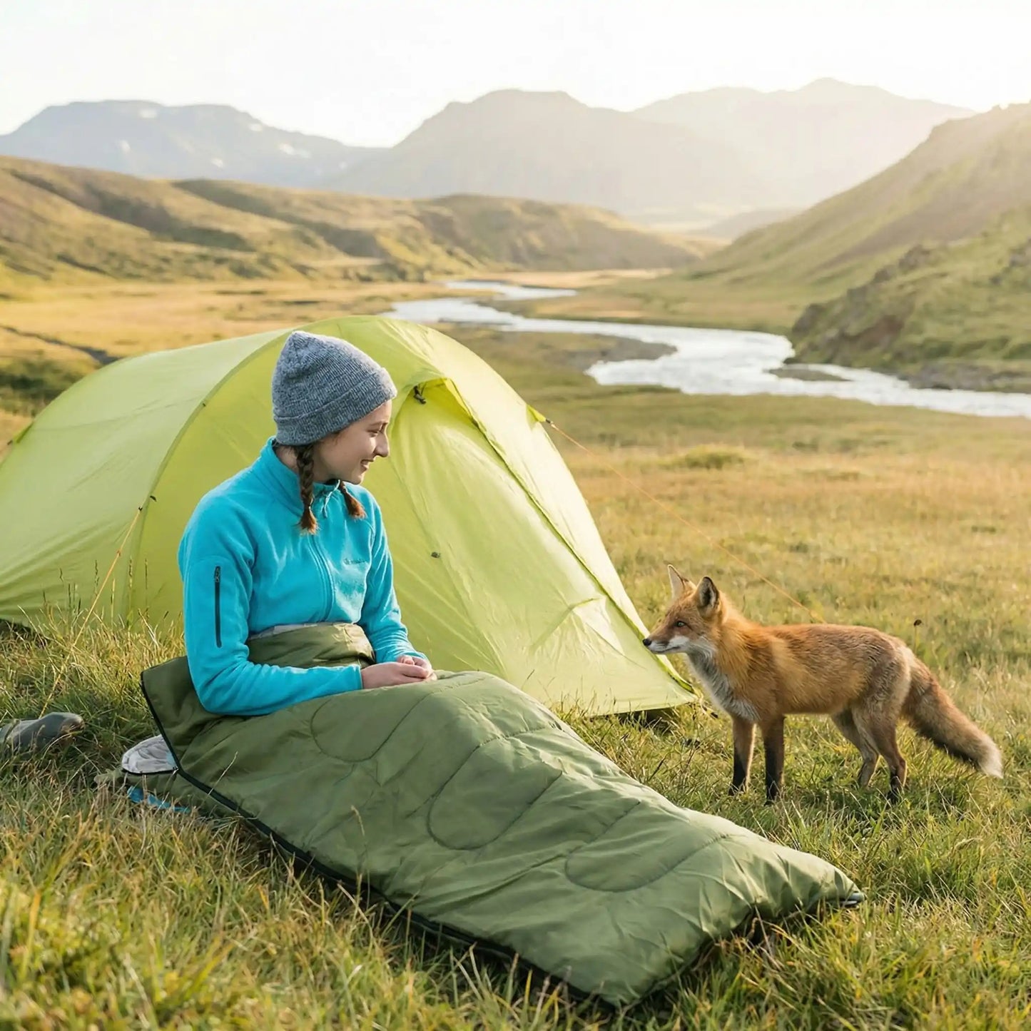 femme regarde renard assise sac de couchage grand froid kaki