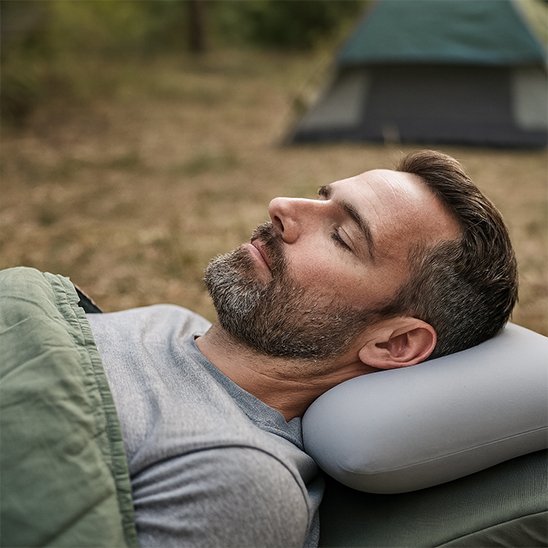 homme dort dehors sol tĂȘte sur oreiller de camping