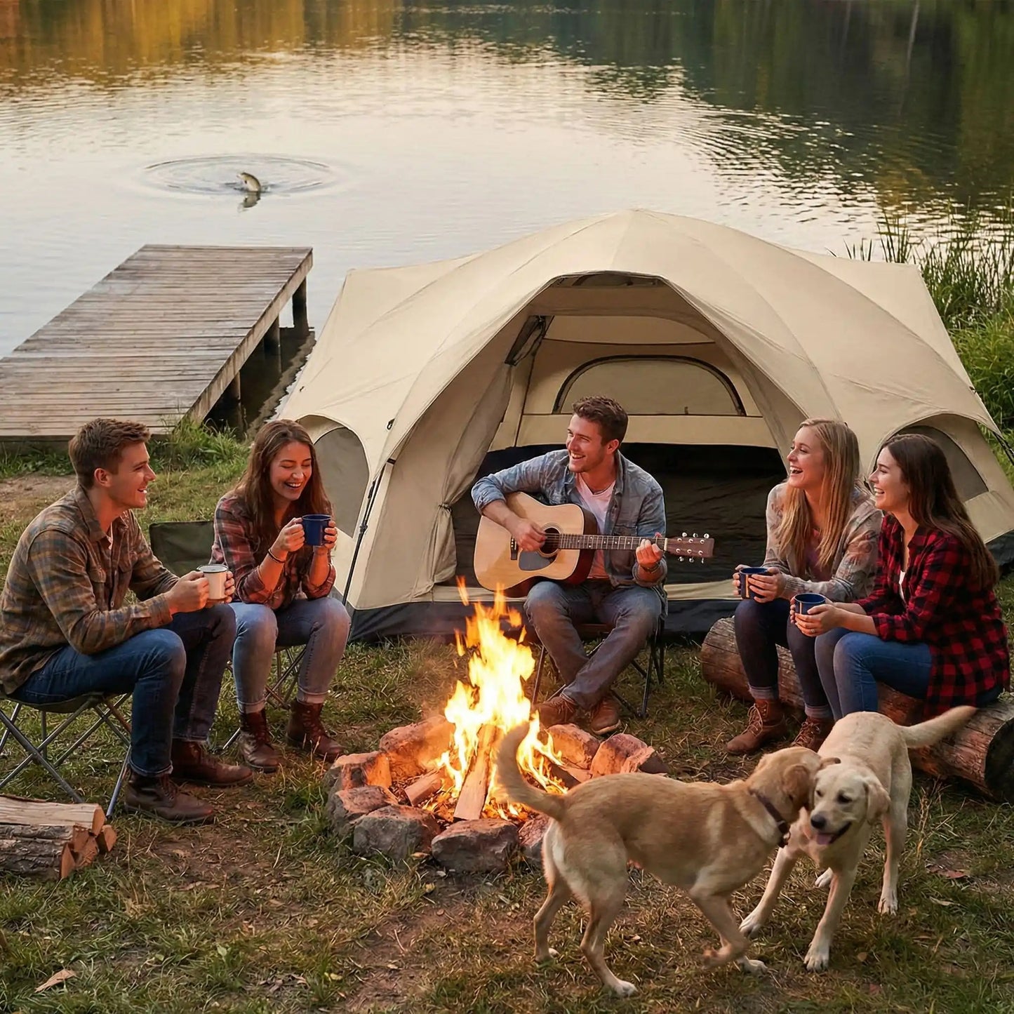jeunes adultes fêtent devant tente de camping crépuscule