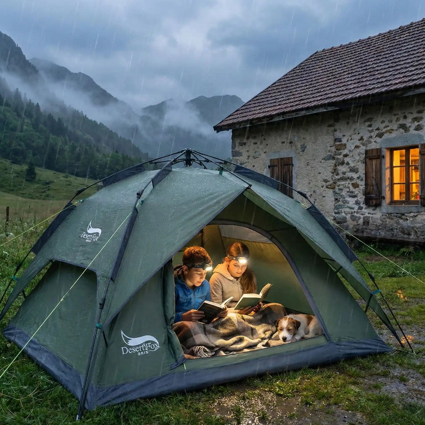 2 adolescents lisent dans tente pour randonnée pluie près gite