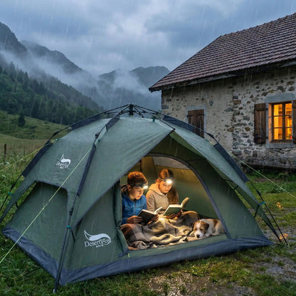 2 adolescents lisent dans tente pour randonnée pluie près gite