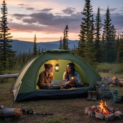 2 filles tente trekking 2 places soir haut montagne