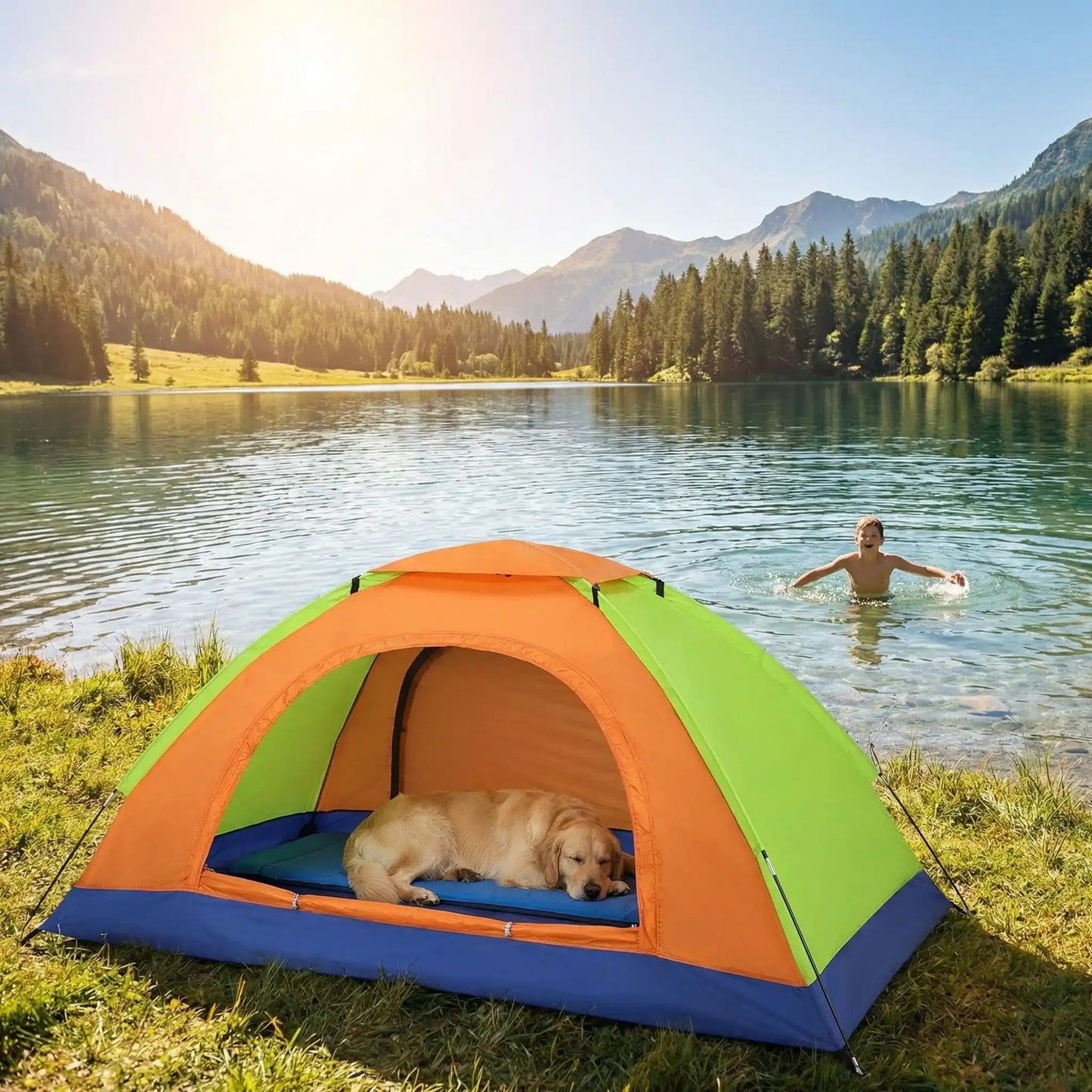 adolescent baigne lac chien dort tente de camping