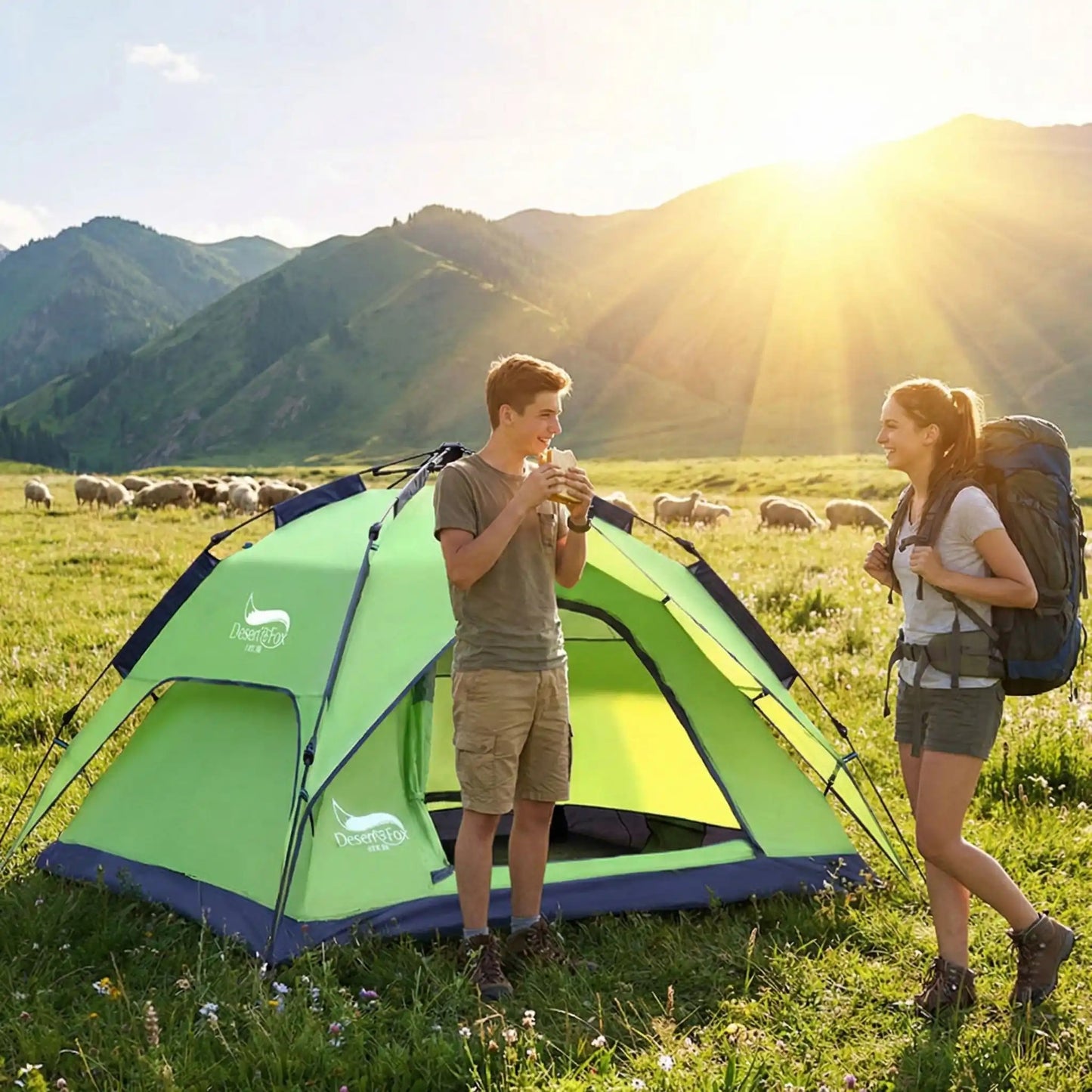 adolescent mange sandwich devant tente pour randonnée amie arrive