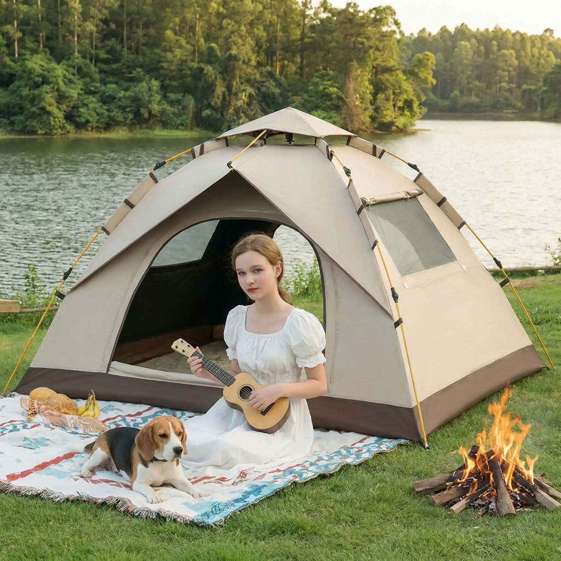 adolescente avec chien ukulele tente pour camping près lac foret