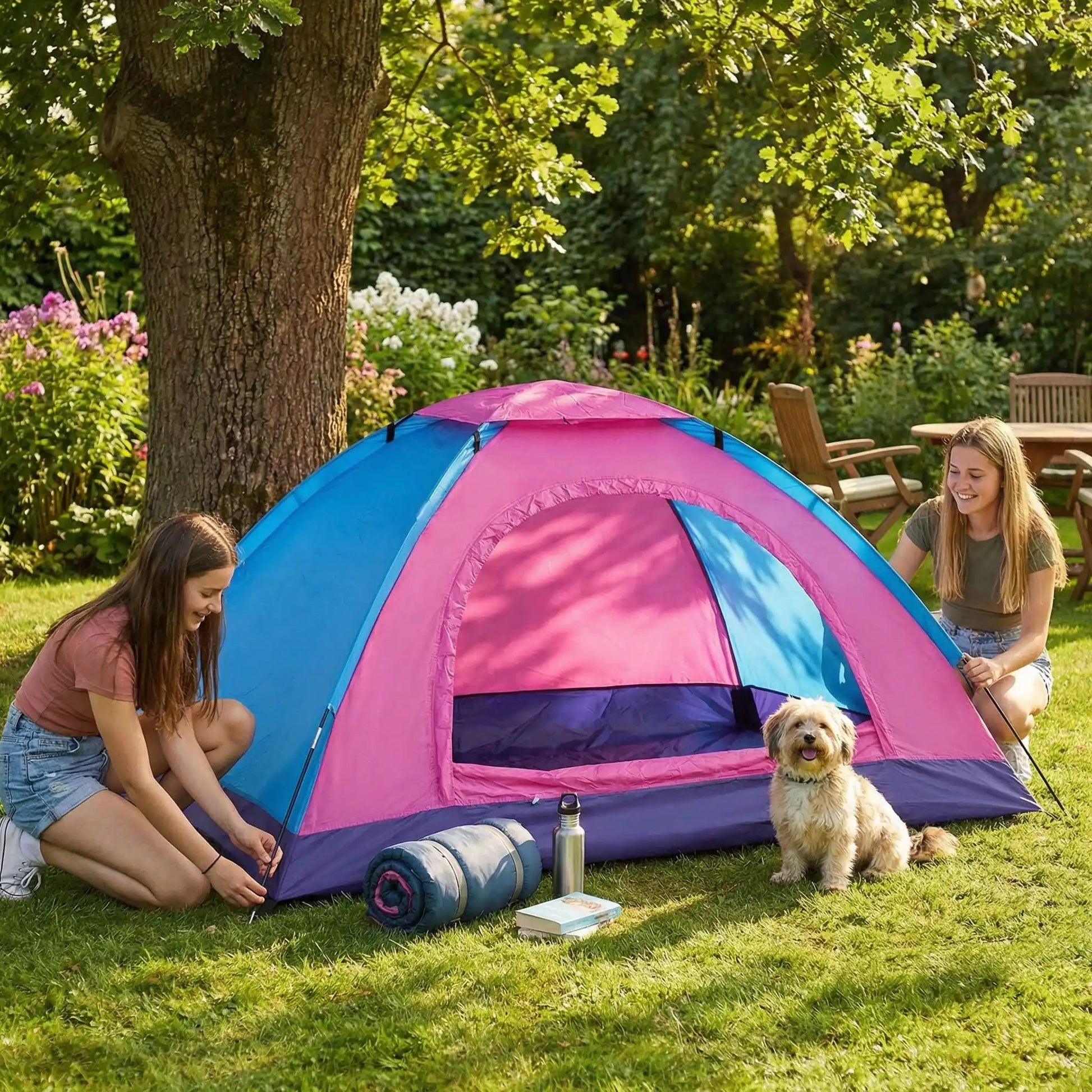adolescentes installent tente de camping jardin maison chien