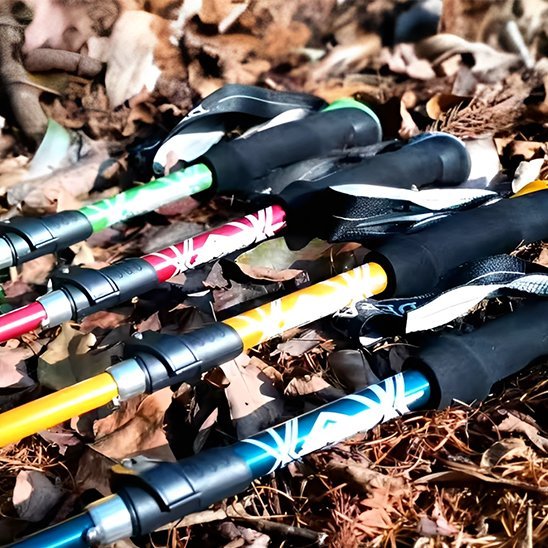 bâton de marche vert rose jaune bleu sur feuille automne