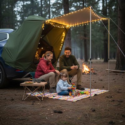 couple avec fillette sous tente voiture illuminée toile vert