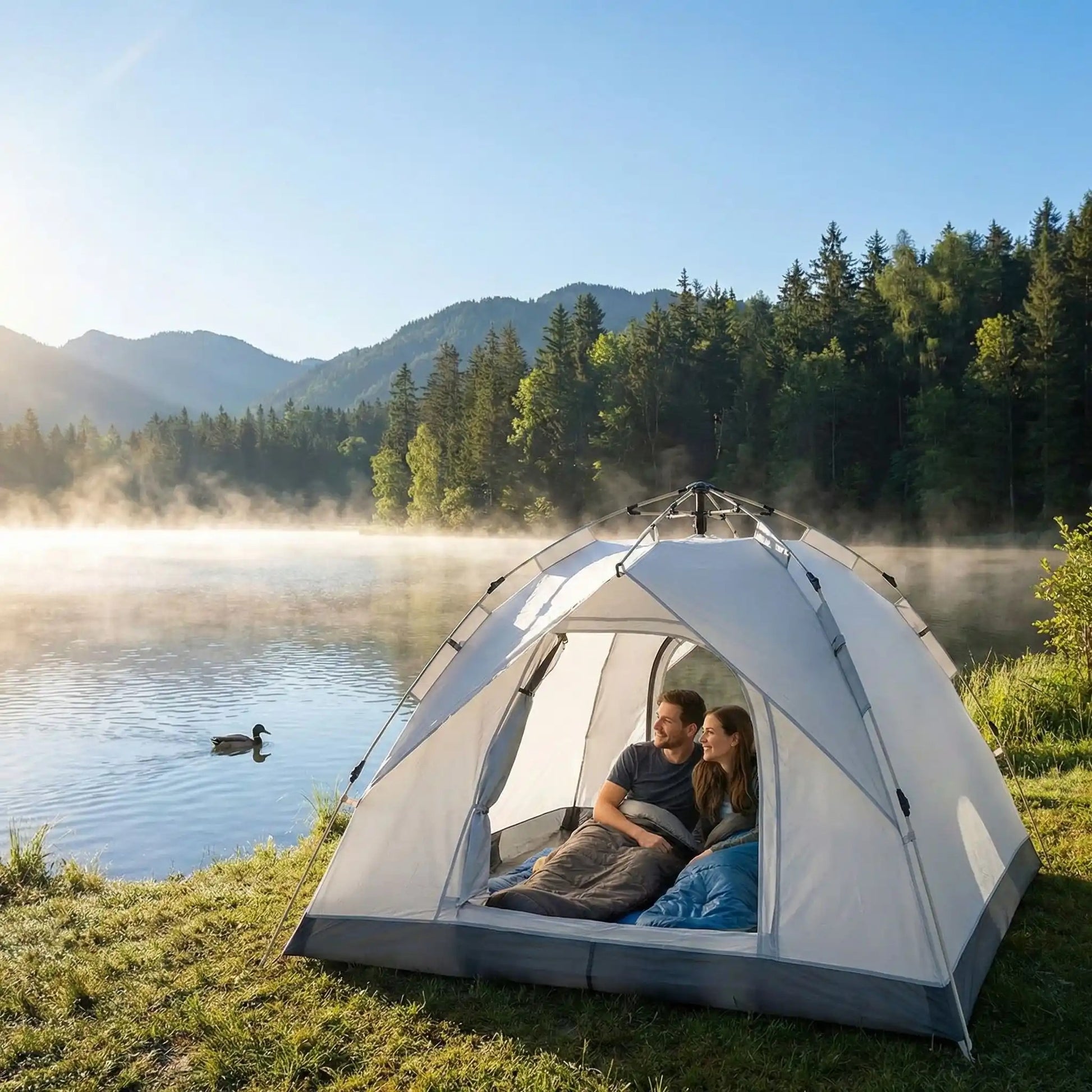 couple couché tente 2 secondes canard lac calme matin