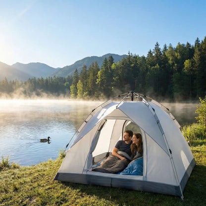 couple couché tente 2 secondes canard lac calme matin