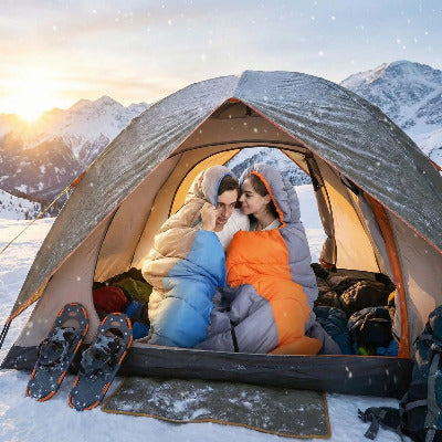 Couple emmitouflé sac de couchage grand froid