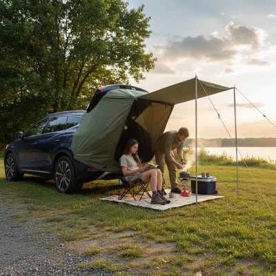 couple près lac sous tente voiture toile vert