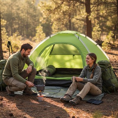couple souriant tente trekking 2 places petit-déjeuner foret