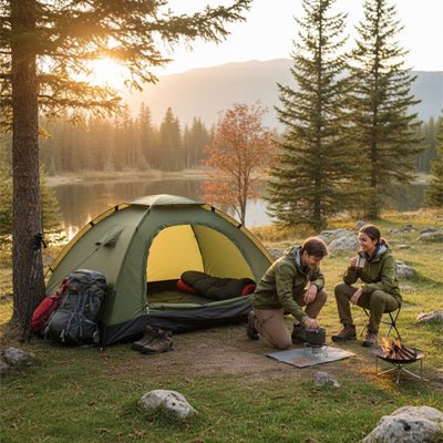 couple tente trekking 2 place matin ensoleillé bord rivière