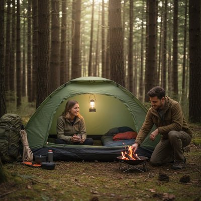 couple tente trekking 2 places repas foret petit matin