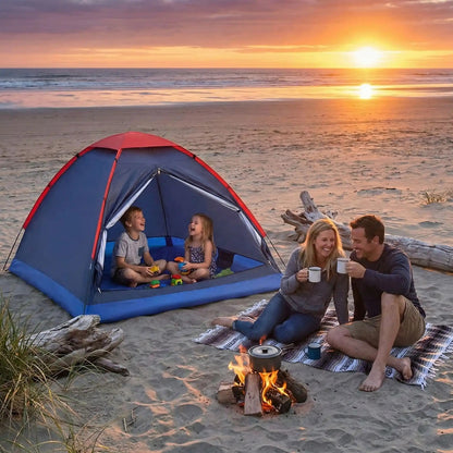 enfants jouent sous tente pour camping parents boivent café plage