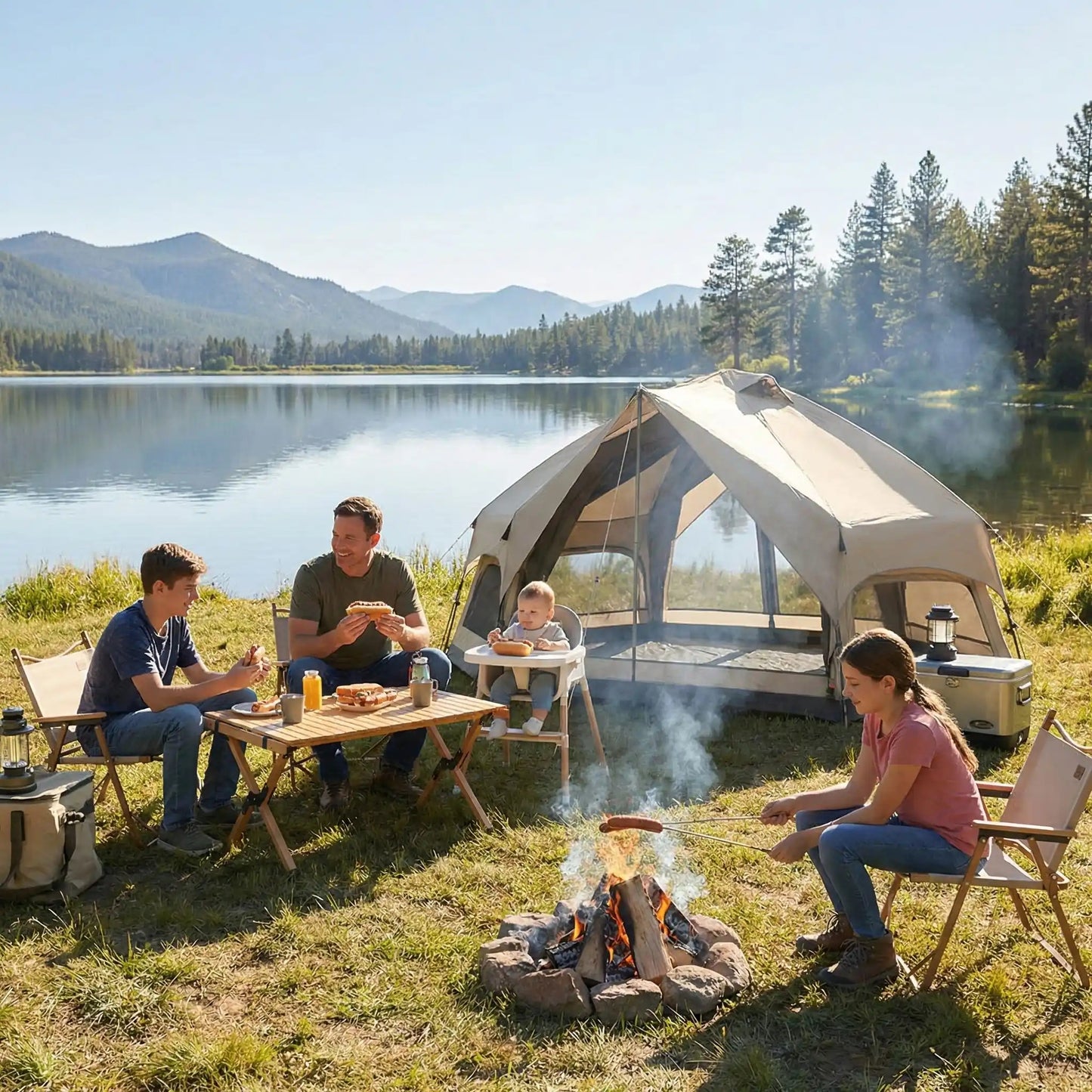 famille mange hotdog devant tente de camping fille cuit saucisse