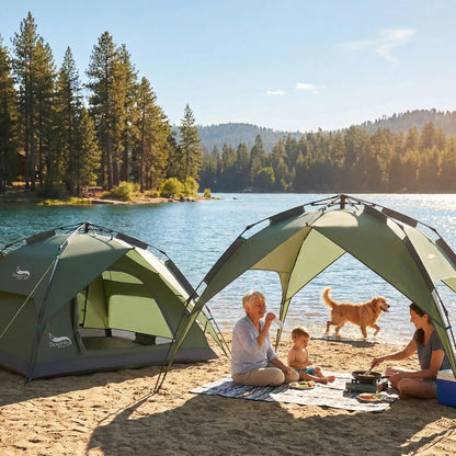 famille sous auvent près tente pour randonnée chien joue dans eau