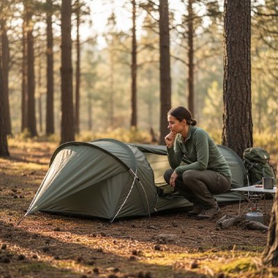 femme accroupie devant Tente trekking TerraUniq 