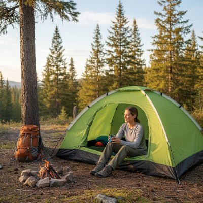 femme assise dans tente pour bivouac tient tasse feu de camps devant elle