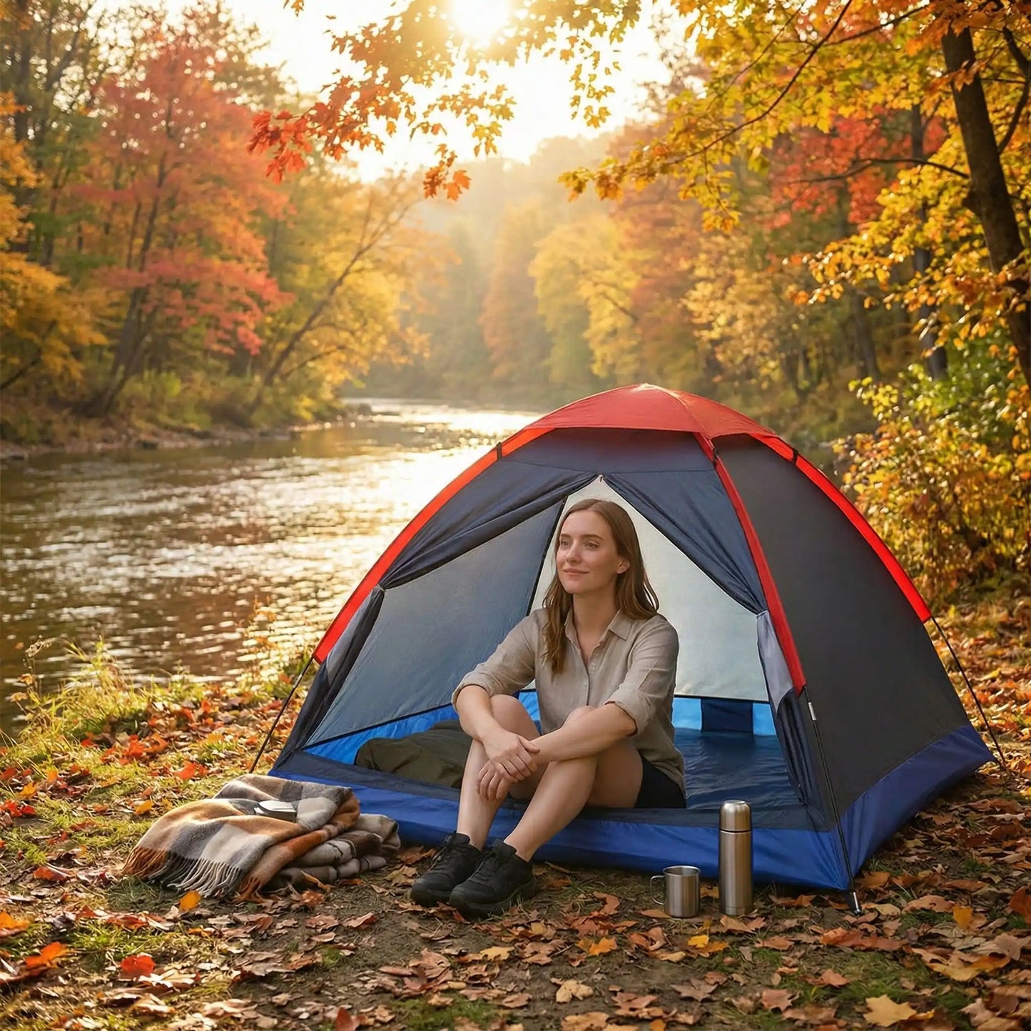 femme assise dans tente pour camping rivière automne