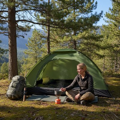 femme assise devant tente pour bivouac fait chauffer eau en forêt