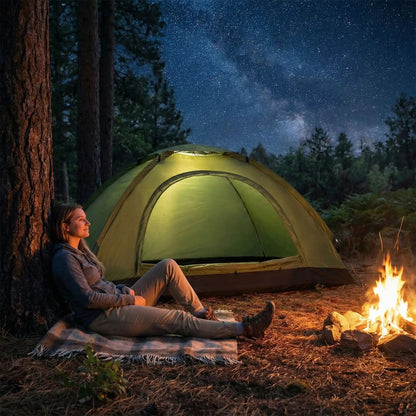 femme assise regarde étoiles tente de camping feu camp