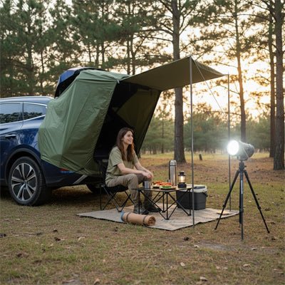 femme assise tente voiture toile noir repas