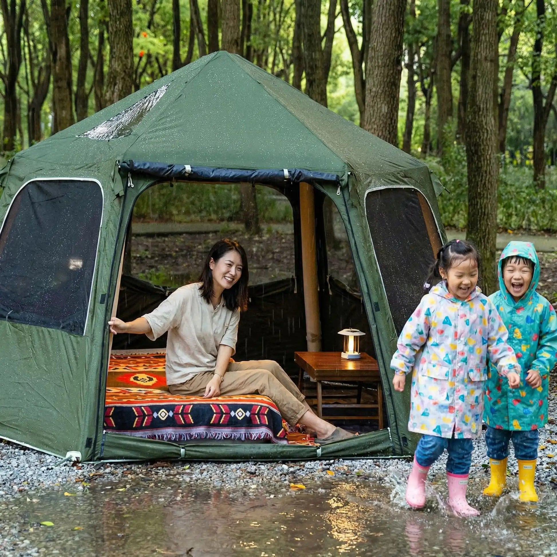 femme assise tentes gonflables enfants jouent sous pluie