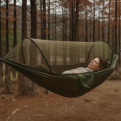 Femme couchée hamac suspendu moustiquaire