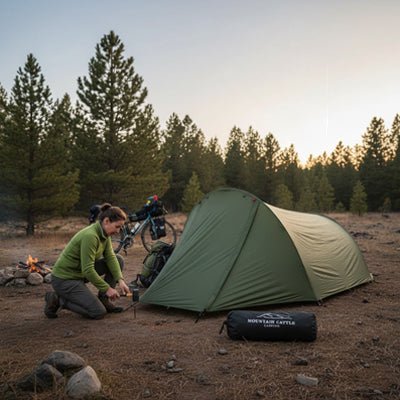 femme cycliste accroupie devant tente bivouac mountaincattle