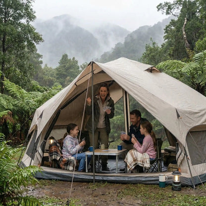  femme debout sous tente de camping gagne cartes famille pluie