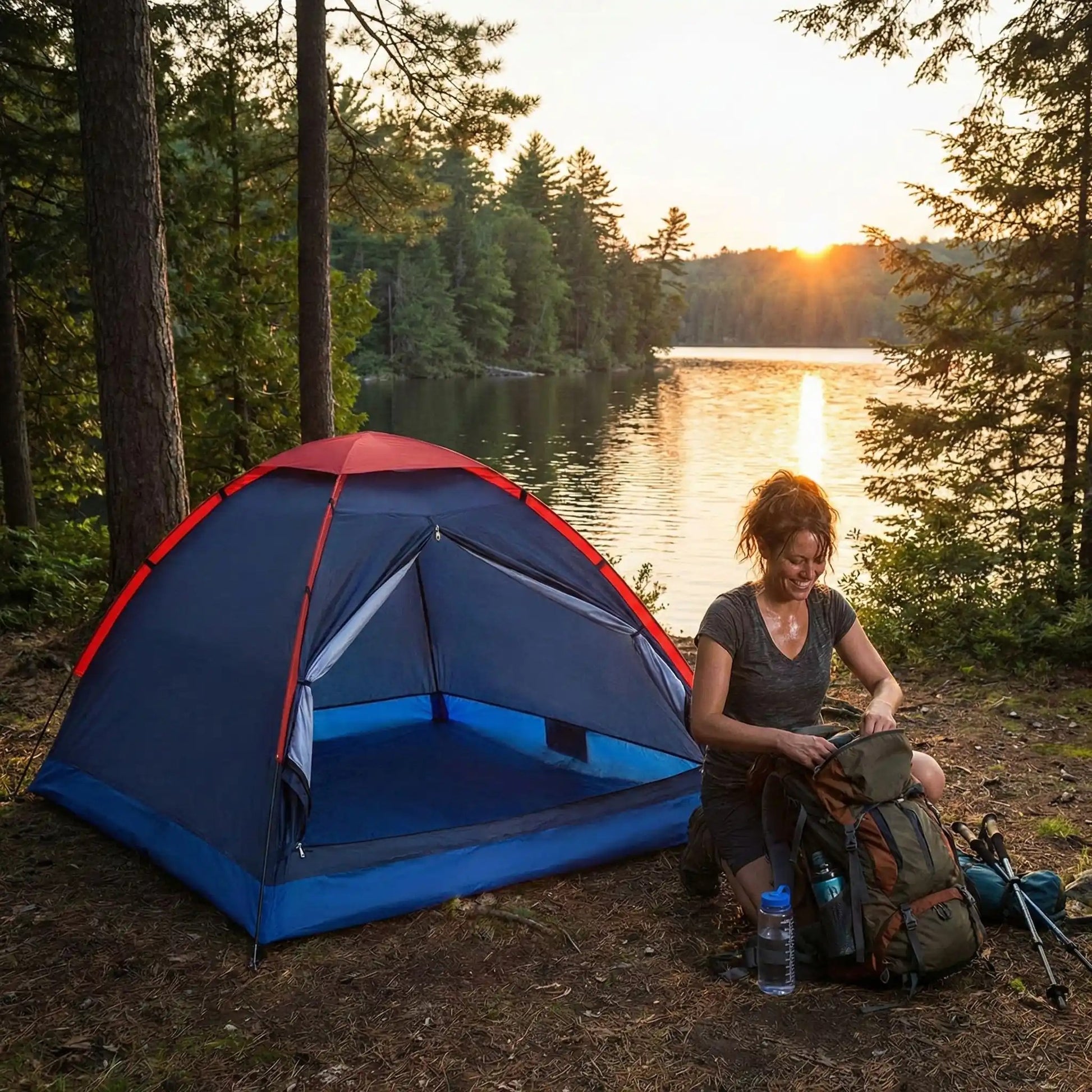 femme fatiguée ouvre sac à dos tente pour camping sauvage