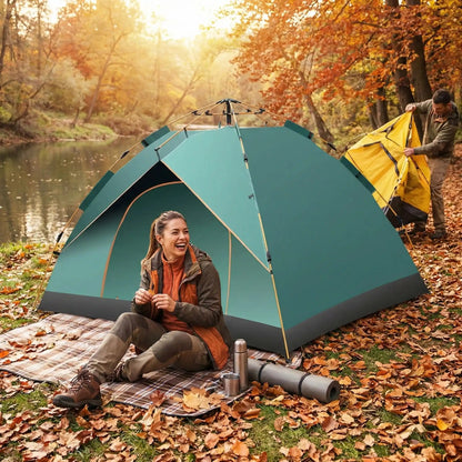 femme rit assise tente 2 seconde installée homme problème tente