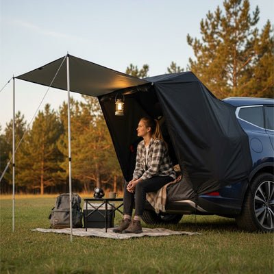 femme sous tente voiture toile noir coucher soleil