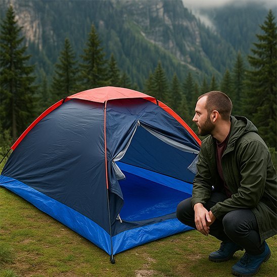 homme accroupi devant tente pour camping en montagne