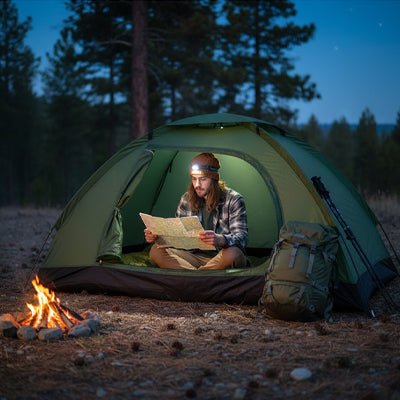 homme assis dans tente pour bivouac consulte carte feu de camp devant lui