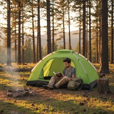 homme assis tente pour bivouac lit devant feu de camp