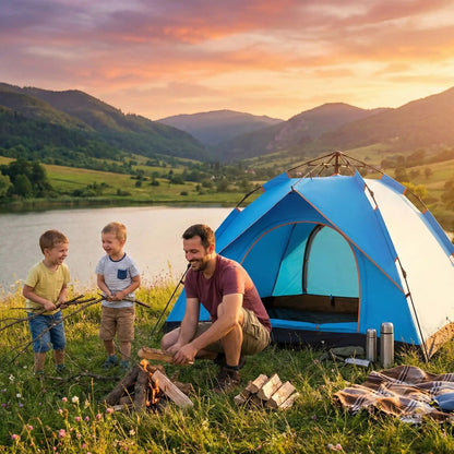 homme avec enfants prépare feu devant tente 2 secondes