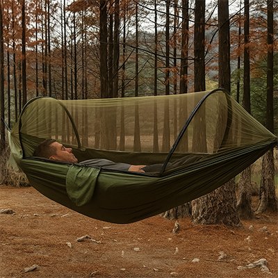 Homme couché hamac suspendu moustiquaire