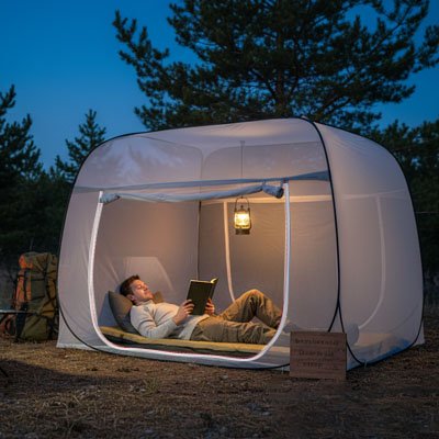 homme couche tente moustiquaire lampe accrochée plafond