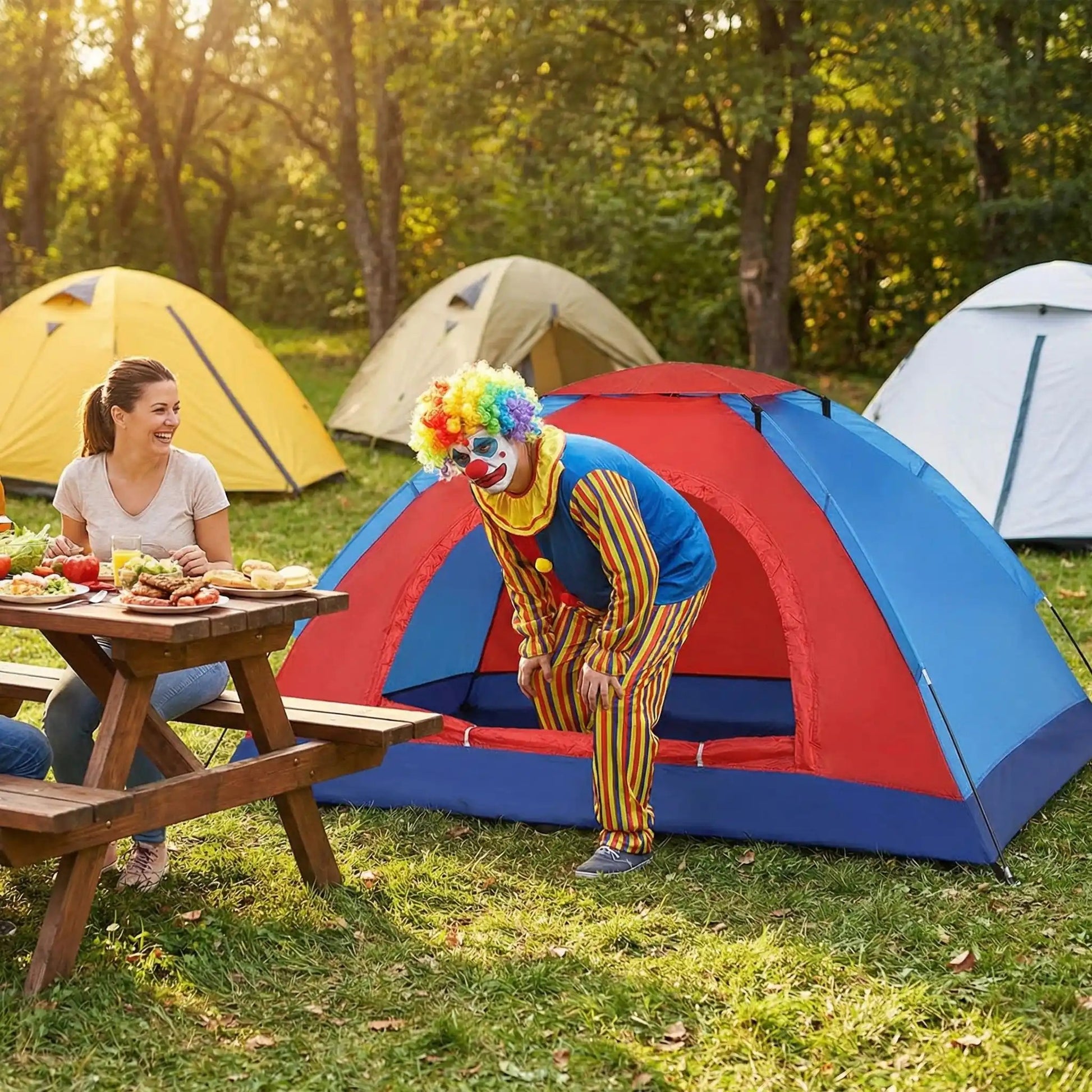 homme déguisé clown sort tente de camping pique-nique