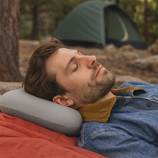 homme dort sur dos tête sur oreiller de camping