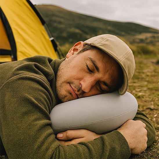 homme dort sur ventre tète sur oreiller de camping