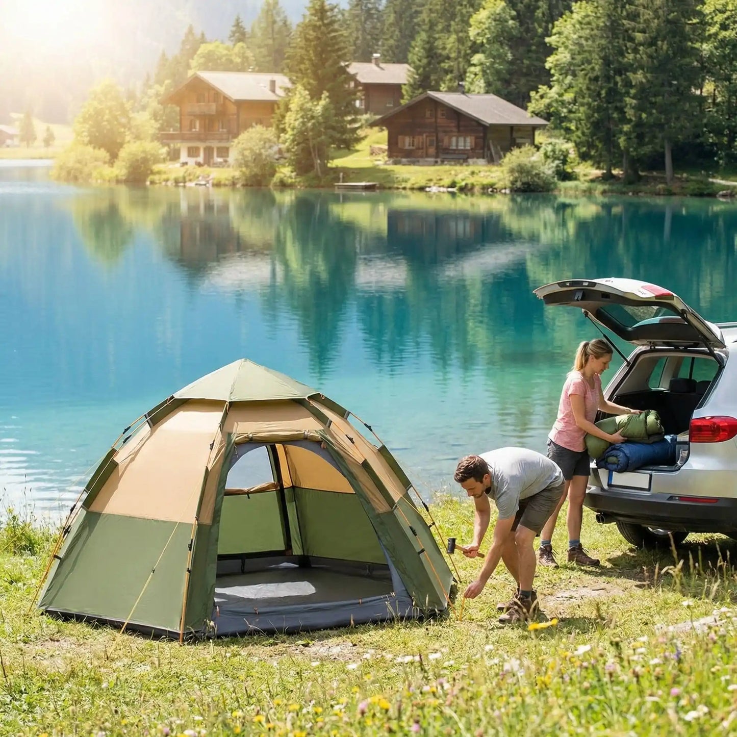 homme installe tente 2 secondes femme sort sac couchage voiture