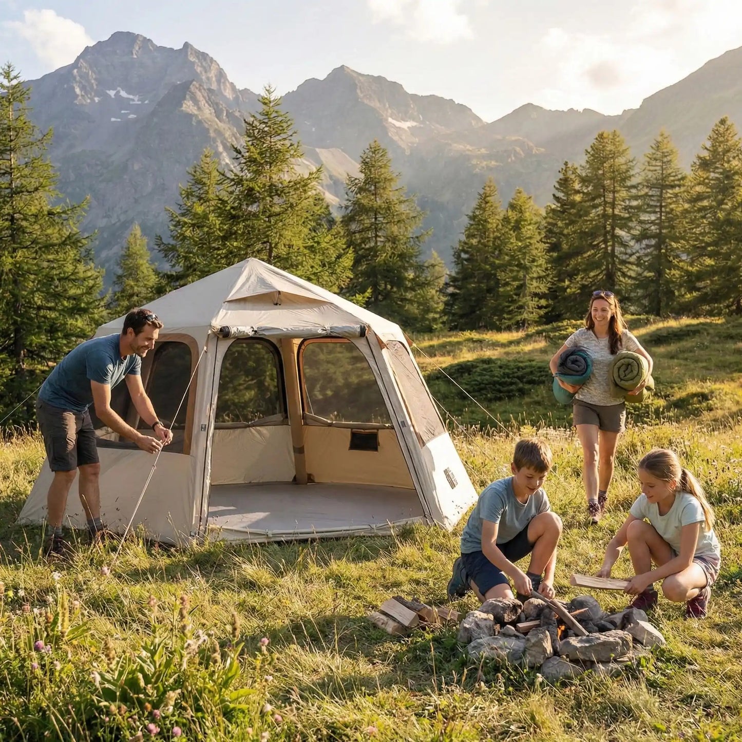 homme installe tentes gonflables femme apporte sac couchage