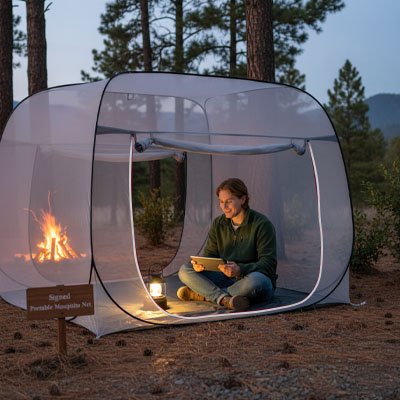 homme lit tente moustiquaire soir