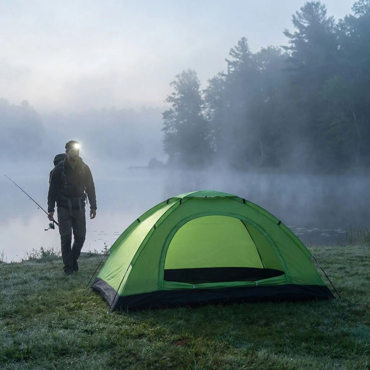 homme pêche trouve tente de camping brume vert pomme