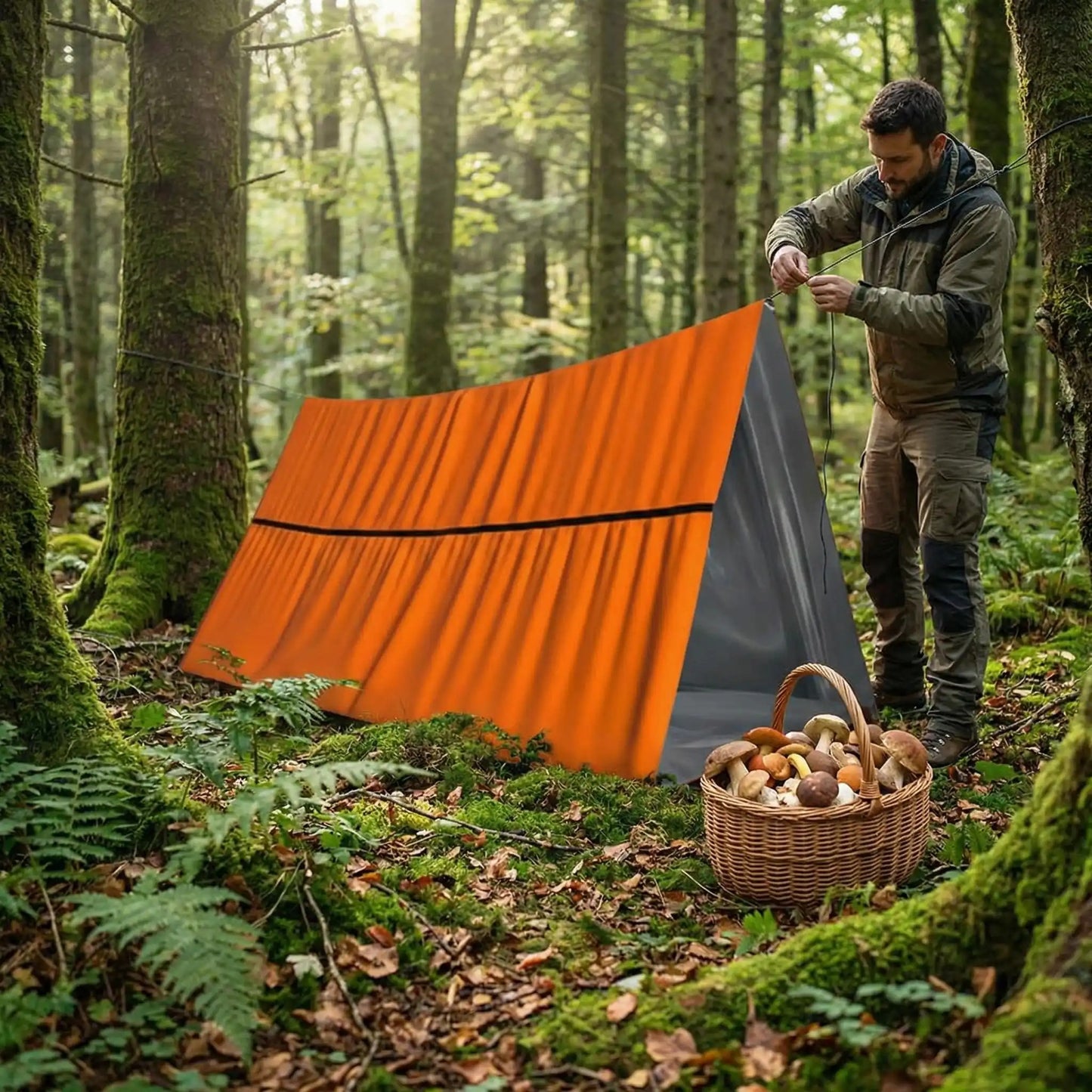 homme perdu forêt installe tente urgence